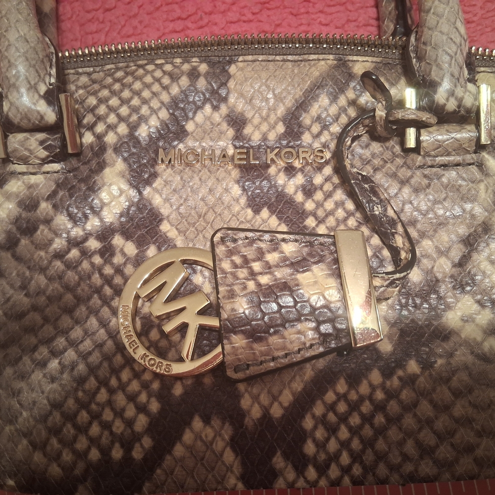 Michael Kors Brown and Tan Snake-Print Satchel with Gold Hardware
